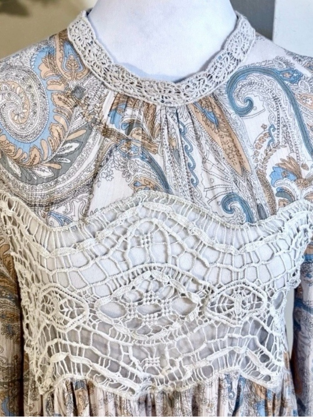 Free People Beige Paisley Lace-Yoke Mini Dress - Picture 3 of 8